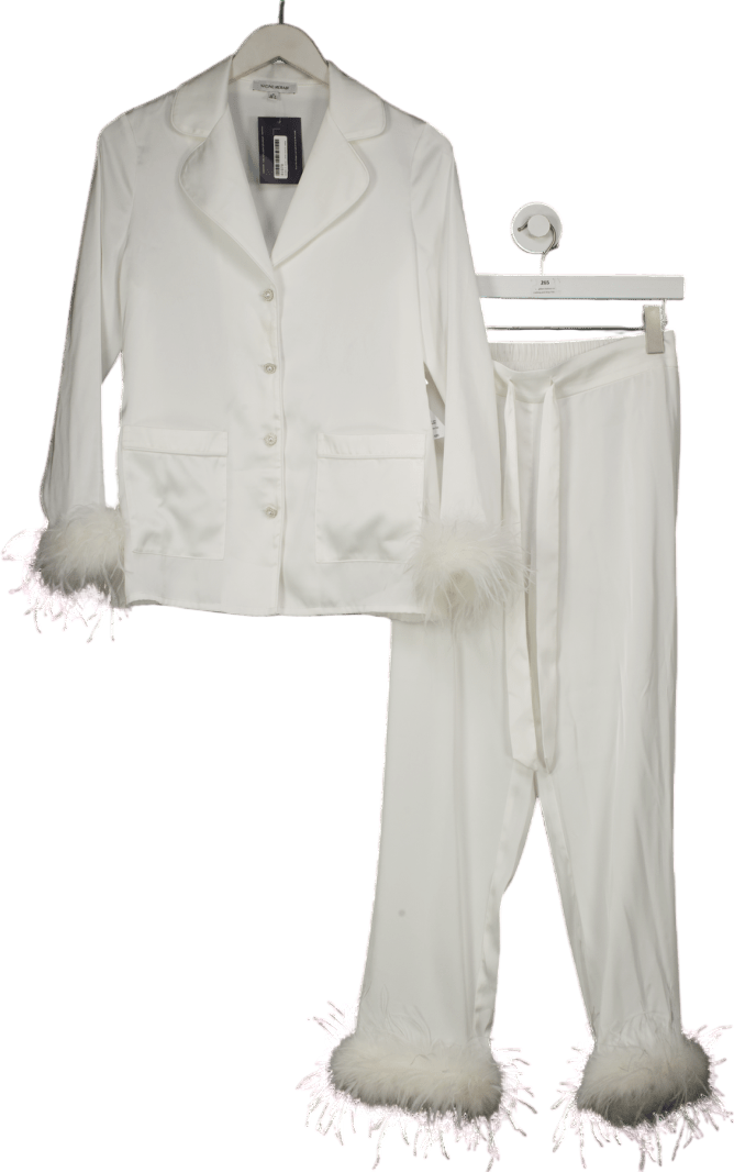 Nadine Merabi White Darcie Satin Feather Trim Pyjamas With Crystal Buttons UK 8