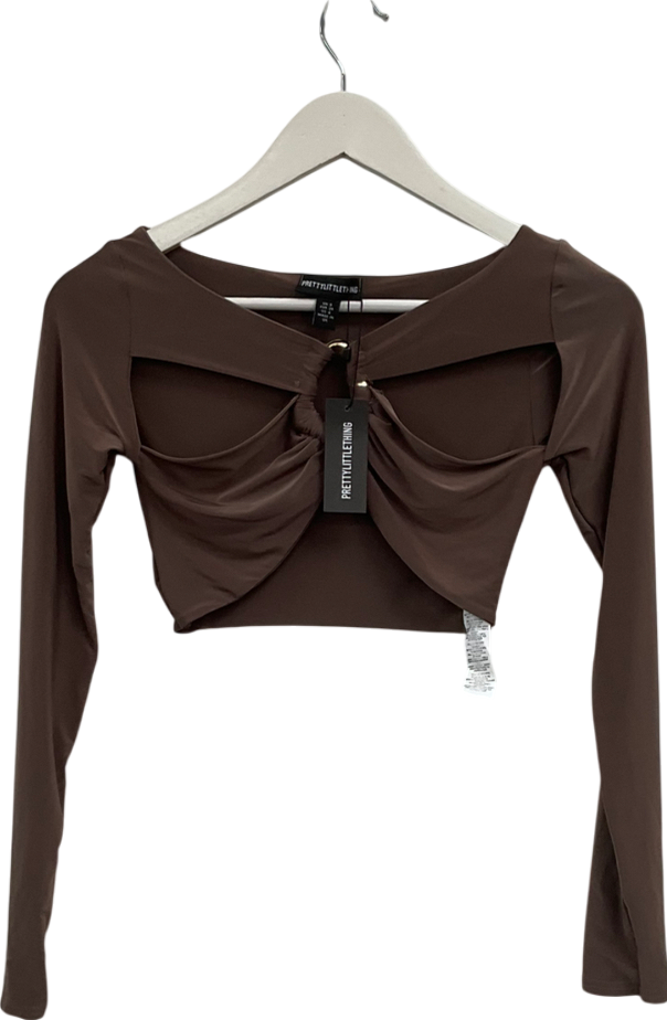 PrettyLittleThing Brown Double Layer Slinky Ring Detail Crop Top UK 8