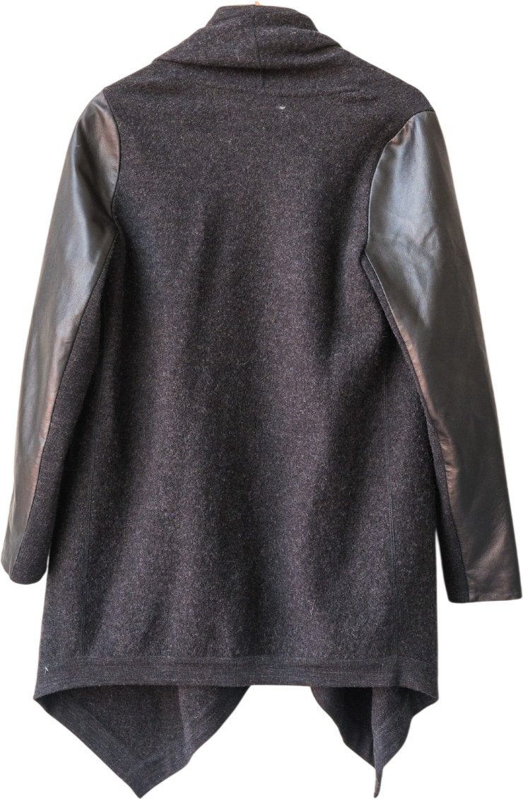 The White Company Charcoal Grey Wool Longline Cardigan With Leather Sleeve Detail UK 10