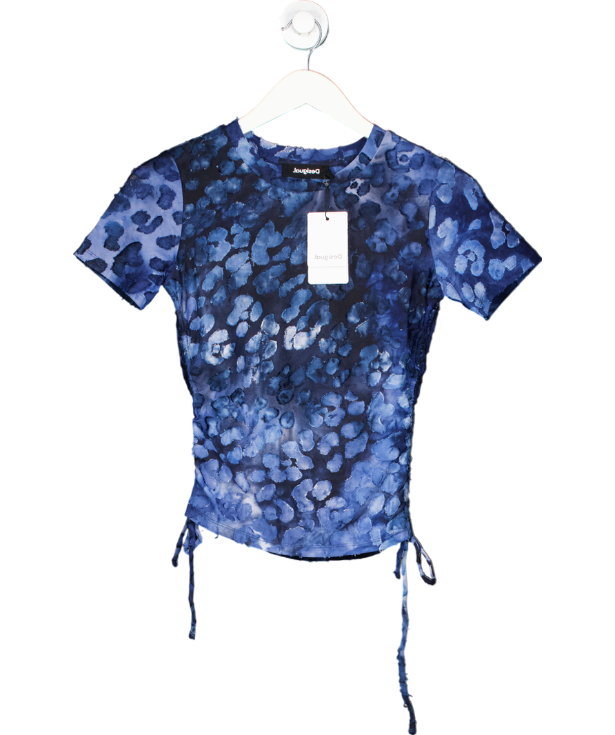 Desigual Blue Slim Animal Print Gathered T Shirt UK S