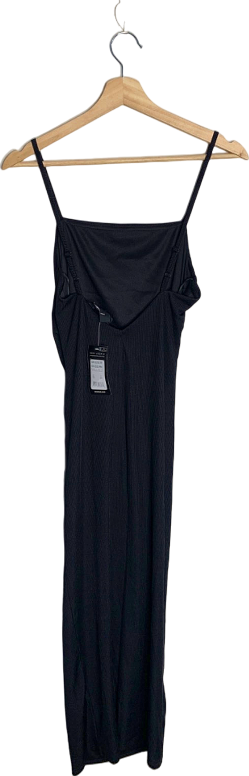 New Look Black Ribbed V-Back Ruched Midi Dress Size 10