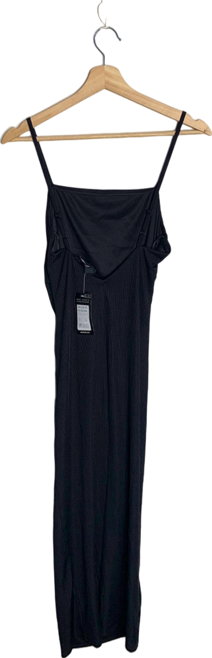 New Look Black Ribbed V-Back Ruched Midi Dress Size 10