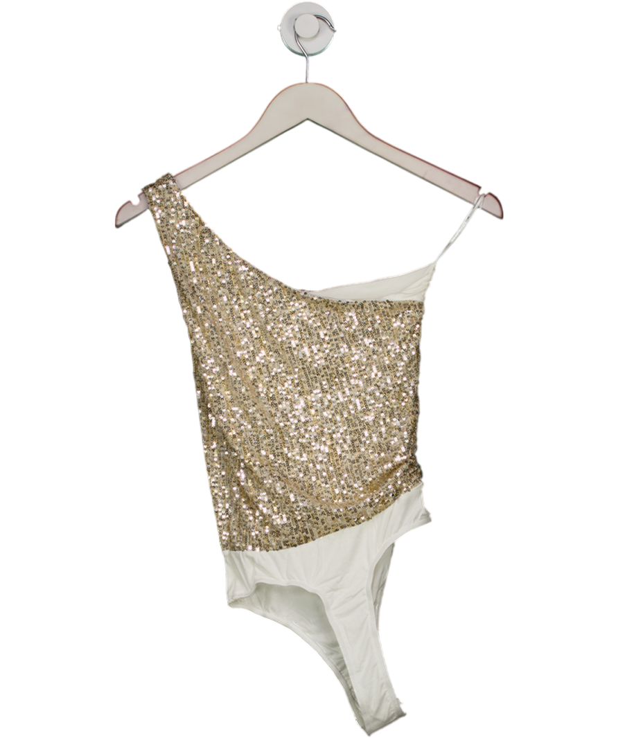 Superdown Cream Cream/gold Sequin Remi One Shoulder Bodysuit UK S