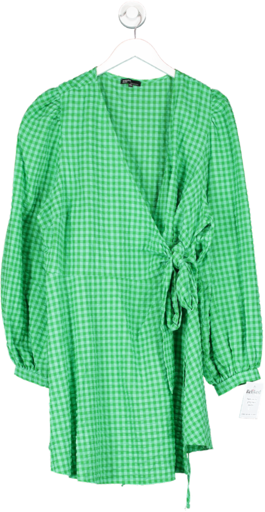 Nobody's Child Green Tie Waist Puff Sleeve Gingham Mini Dress UK 22