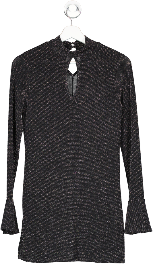SOSANDAR Black Multi Pewter Metallic Fluted Sleeve Dress UK 6