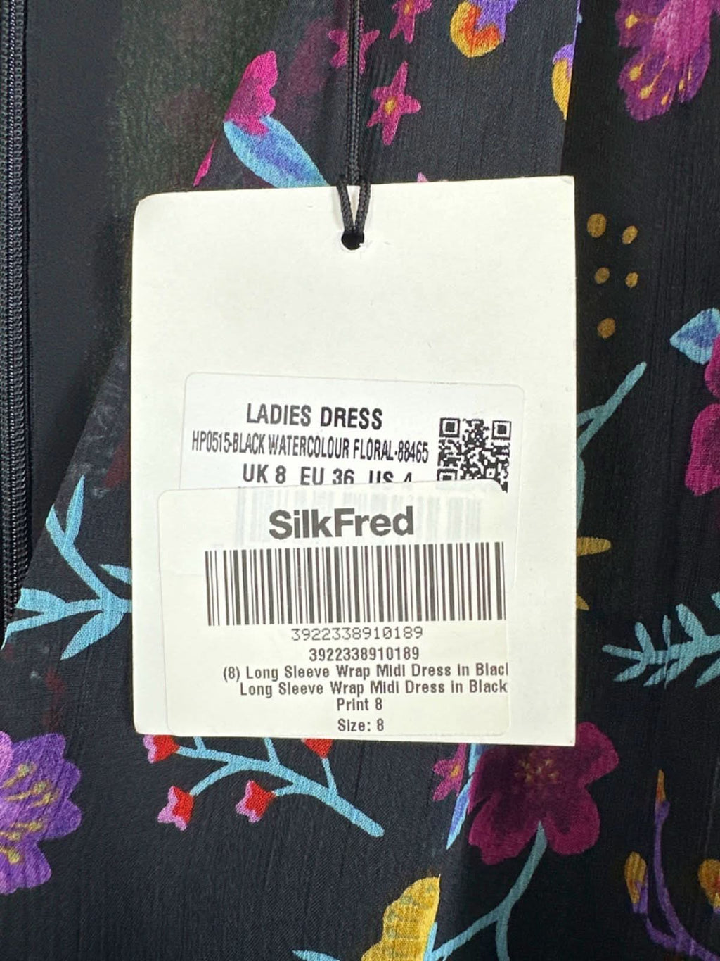 Glamorous Black Watercolour Floral Long Sleeve Wrap Midi Dress Size 8