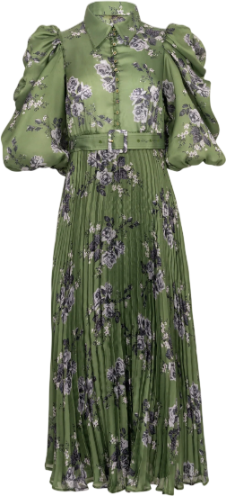 byTIMO Green Puff Sleeve Plissé Maxi Dress In "Green Roses" UK M