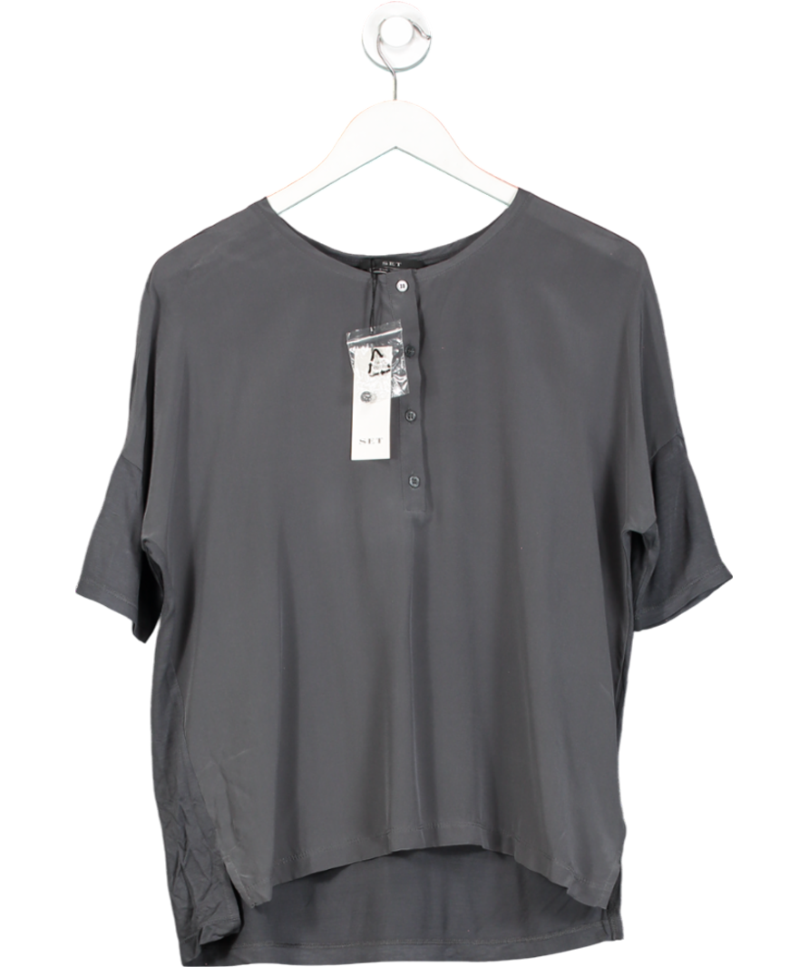 SET Grey Zoey 100% Silk Button T-shirt UK 8