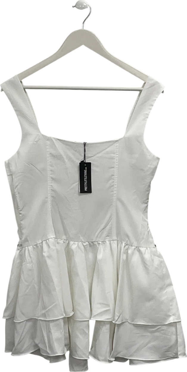 PrettyLittleThing White Woven Square Neck Lace Up Frill Mini Dress UK 12