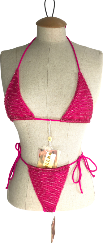NEENA SWIM Pink Embellished Halter Bikini And Drawstring Thong Bottoms UK S/M