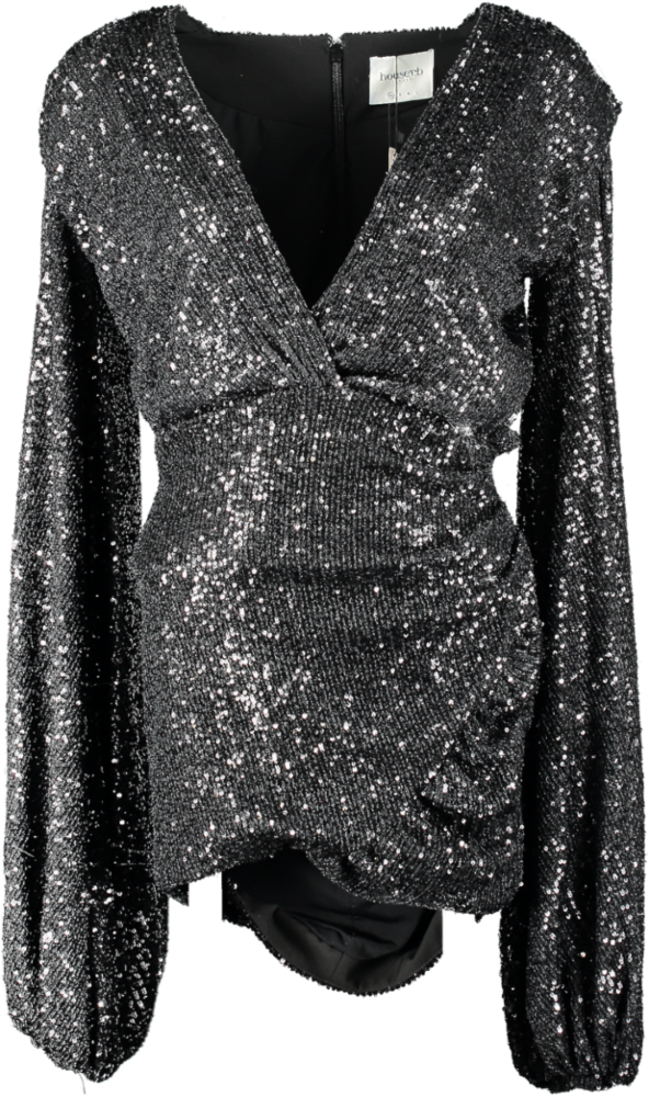 House of CB Black Sequin Balloon Sleeve Mini Dress UK XS
