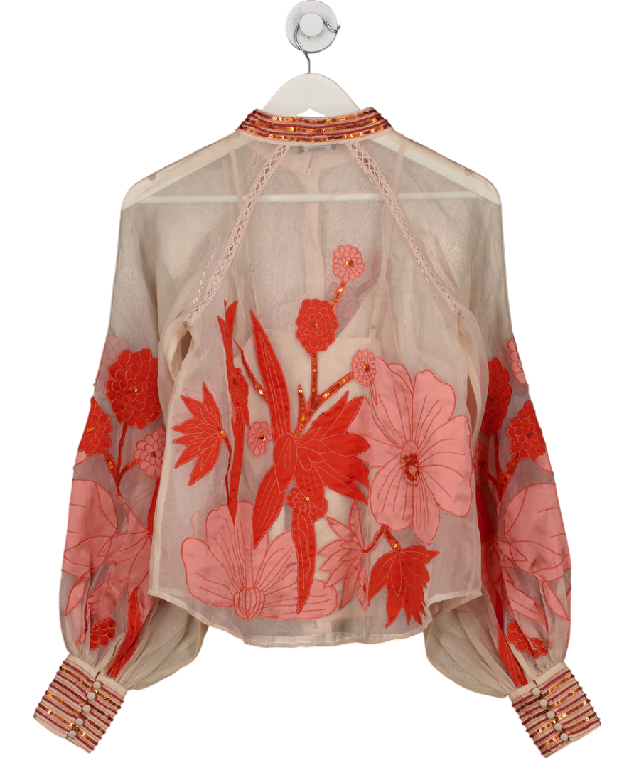 Karen Millen Pink Organdie Applique Buttoned Satin Woven Blouse UK 6