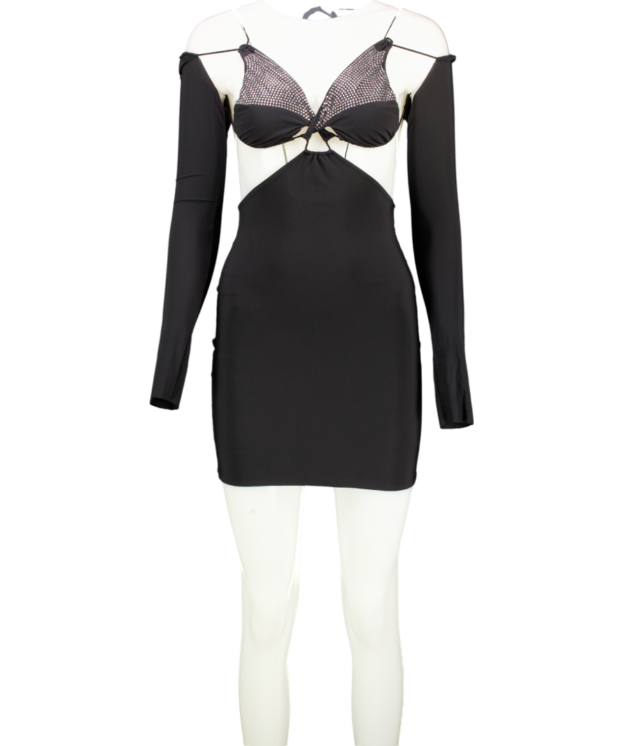Amazuin Black Diamante Cut Out Long Sleeve Mini Dress One Size