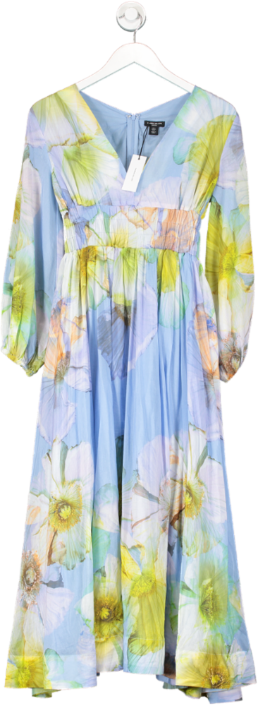 Karen Millen Blue Petite Photographic Floral Silk Cotton Maxi Dress UK 4