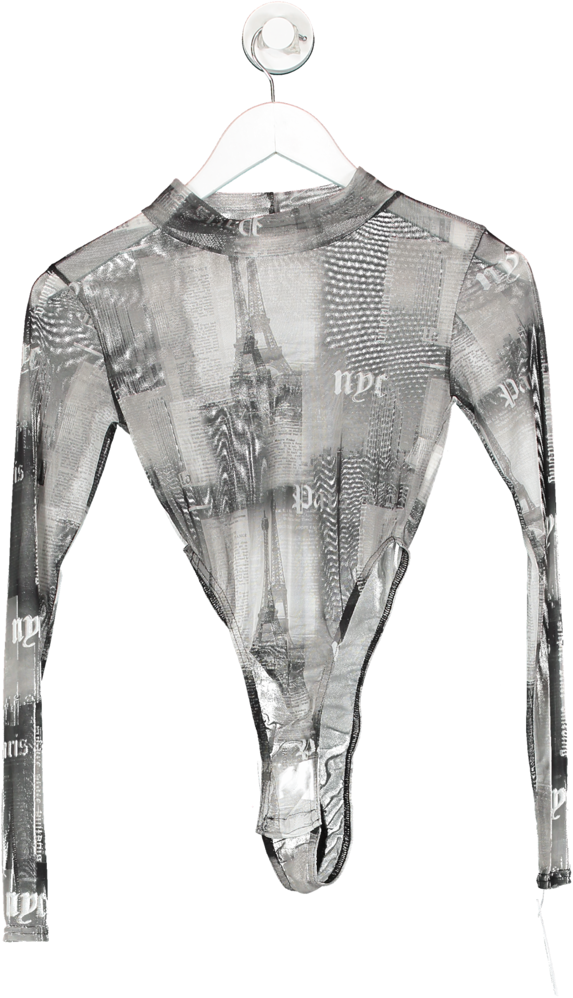 PrettyLittleThing Grey Printed Mesh High Neck Bodysuit UK 6