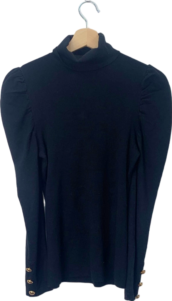 Sosandar Black High Neck Button Cuff Rib Knit Top Size UK 8