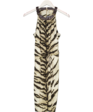 MICHAEL Michael Kors Beige Tiger Print Dress With Leather Buckle Neck Detail UK S