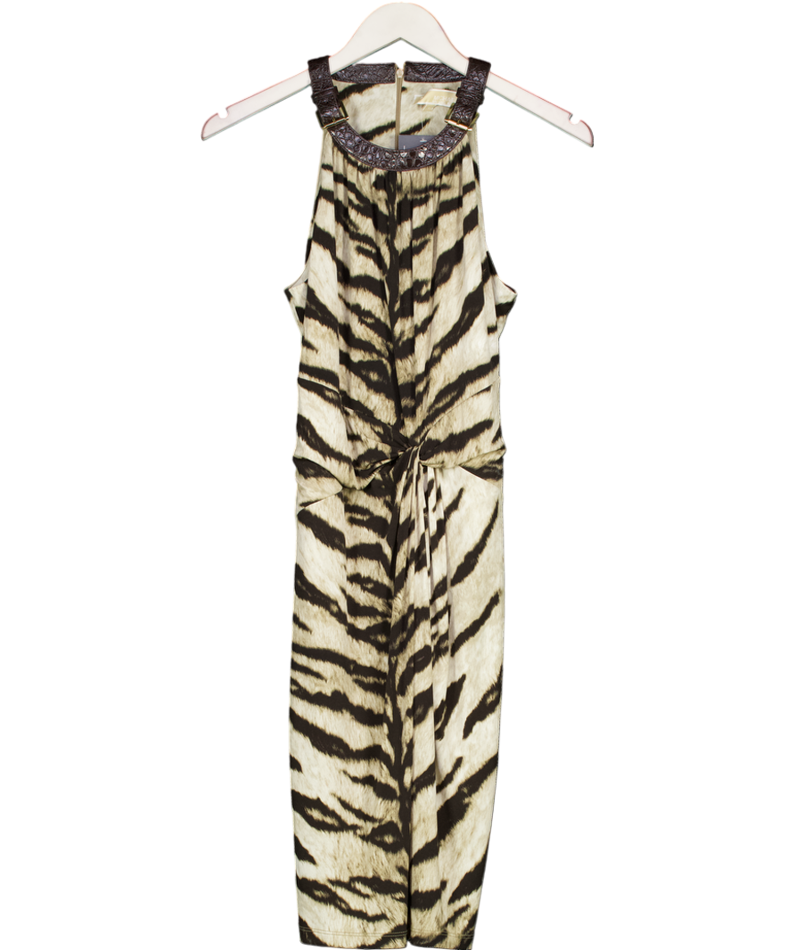 MICHAEL Michael Kors Beige Tiger Print Dress With Leather Buckle Neck Detail UK S