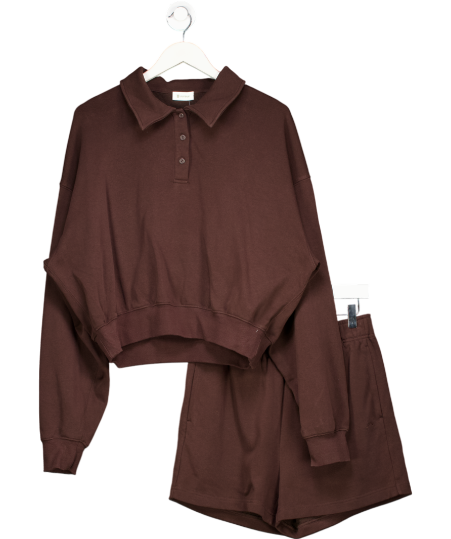 LilySilk 2-piece Chocolate Brown Cotton & Silk Blend  Heirloom '89 Polo Sweatshirt (m) And Shorts Set UK S/M