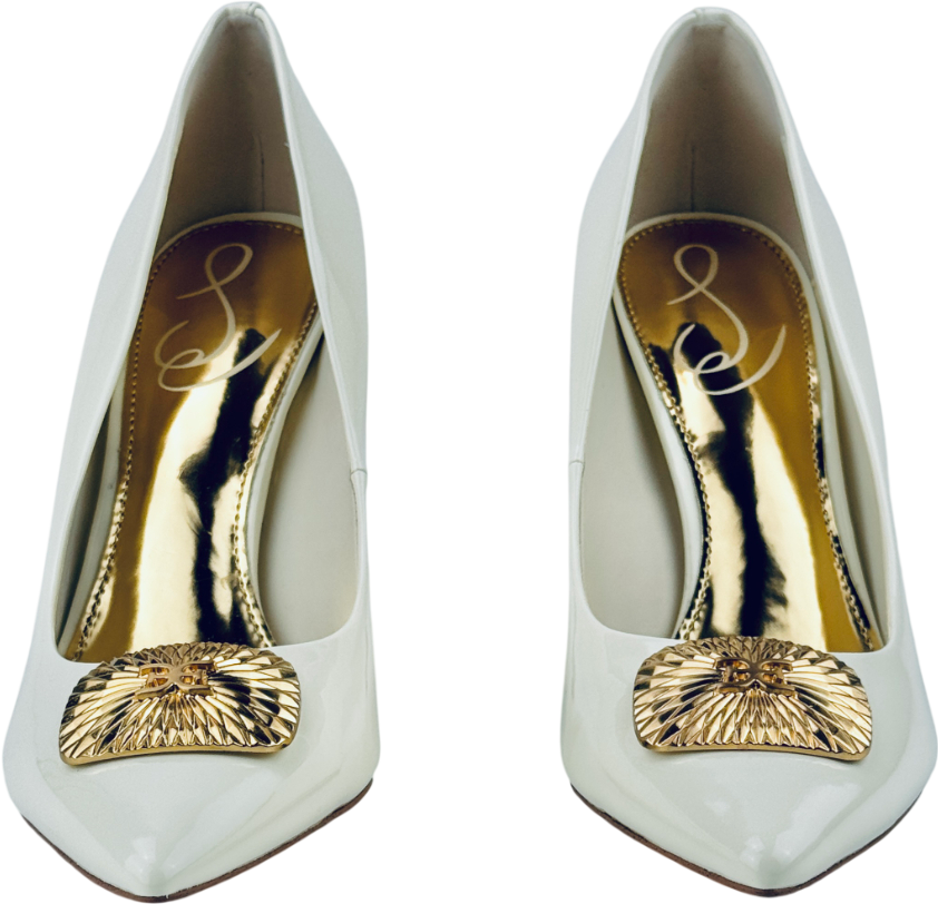 SAM EDELMAN Ivory White / Gold Hazel Radiant Embellished Faux Patent Leather Heels Us8 UK 6 EU 39 👠