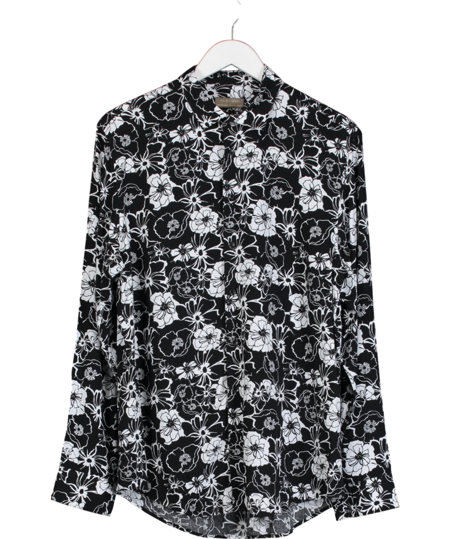 ZARA Black Slim Fit Floral Embroidered Shirt UK XL