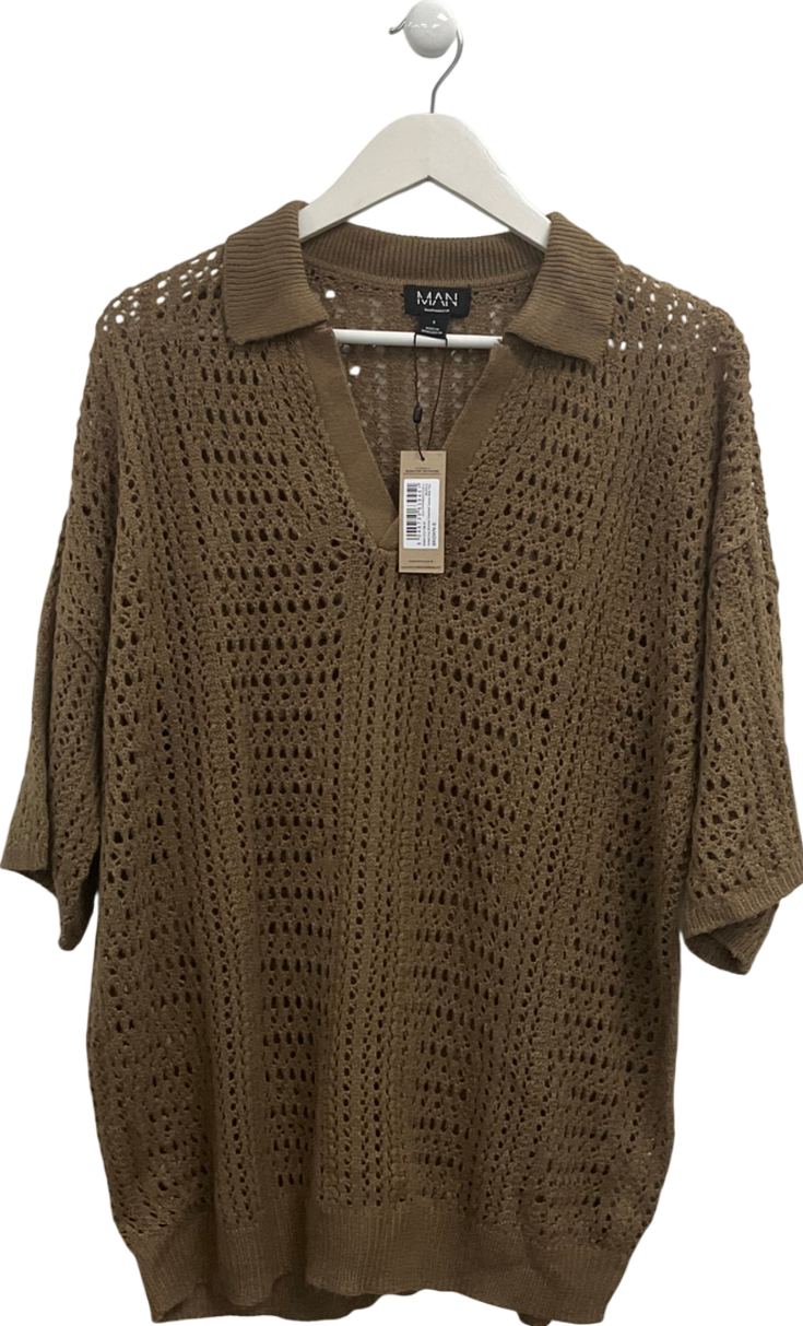 boohooMan Brown Knitted Drop Shoulder Texture Open Polo UK S