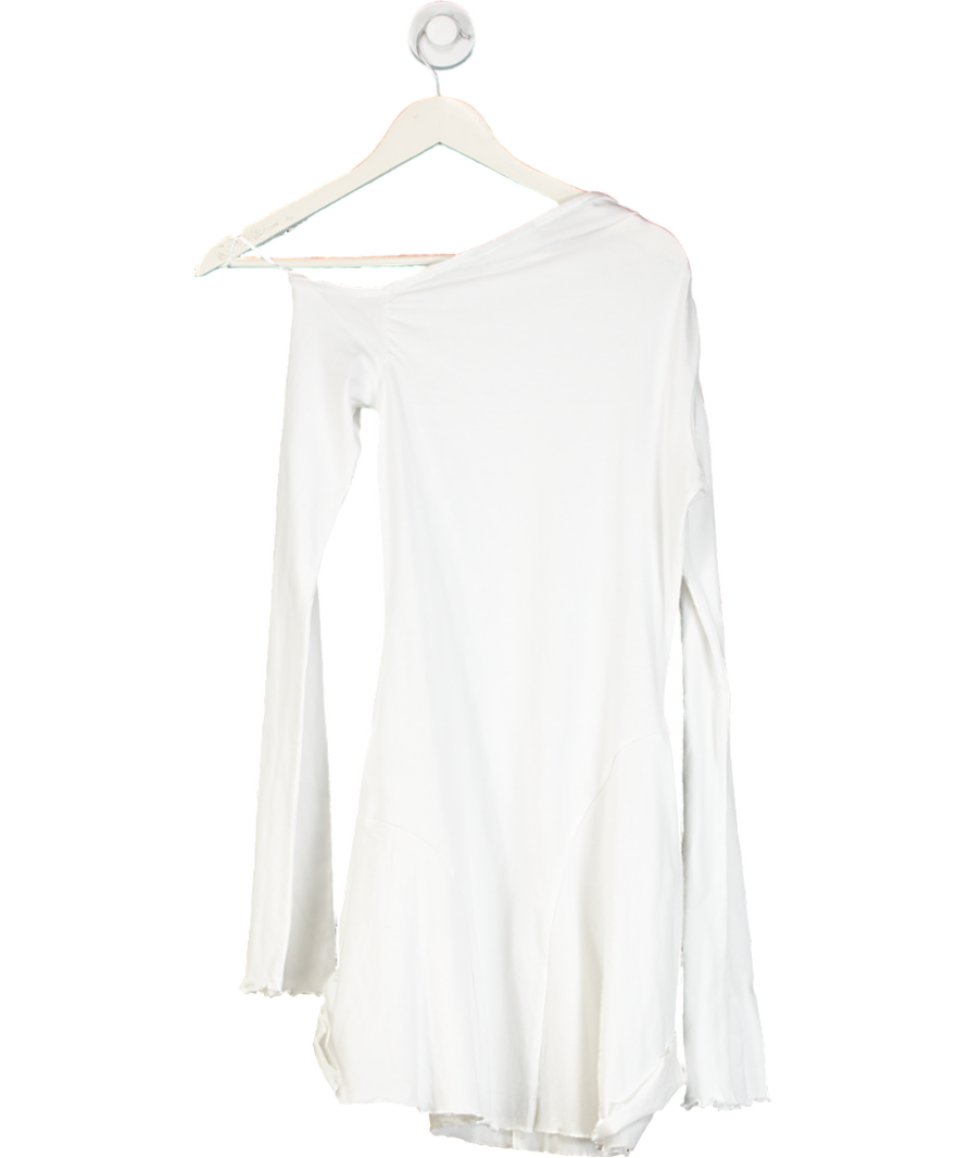 Weekday White Asymmetric Cotton Mini Long Sleeve Drape Dress UK S