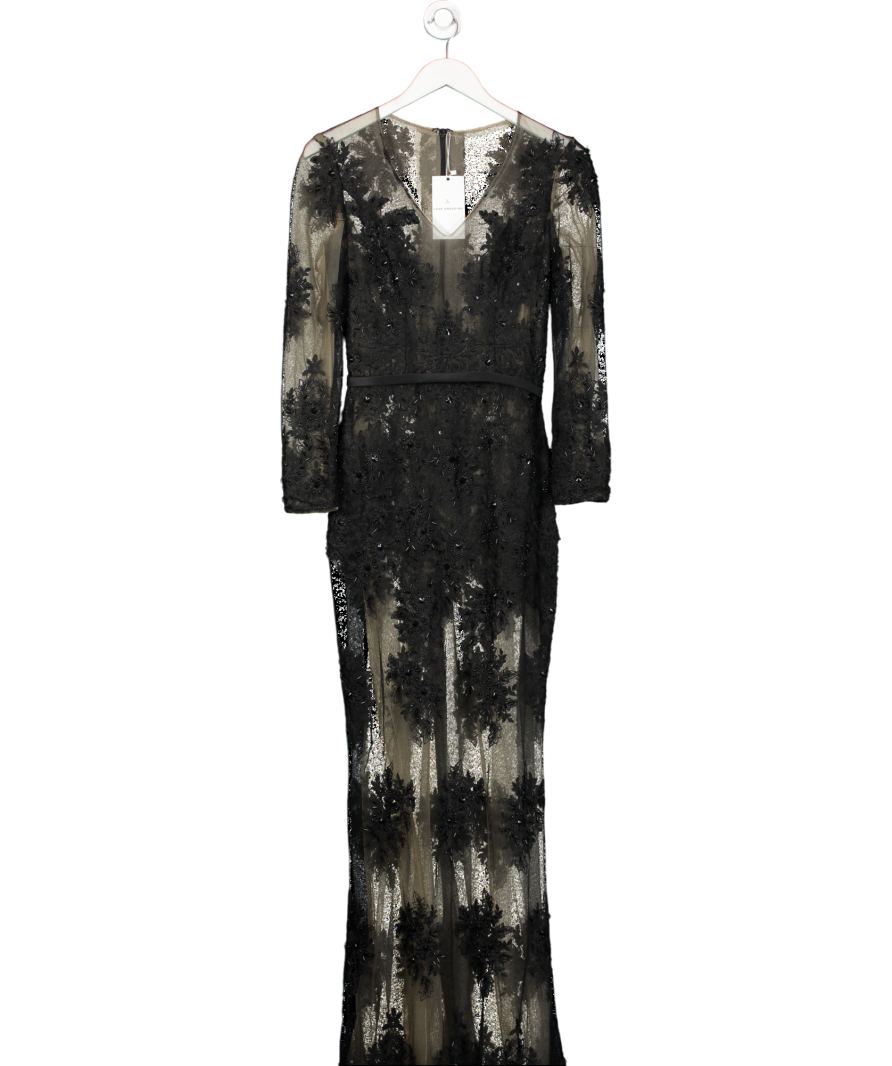 Mimi Black Lace Beaded Floral Long Sleeve Maxi Gown Dress UK XS/S