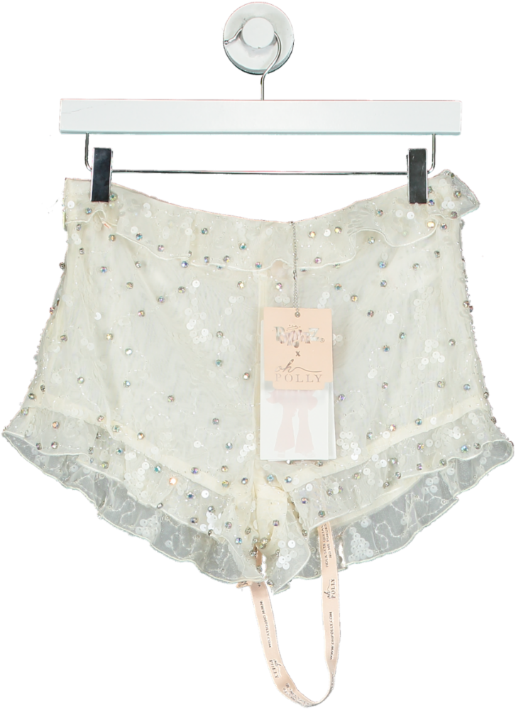 Oh Polly Cream Embellished Mesh Mini Shorts UK 10