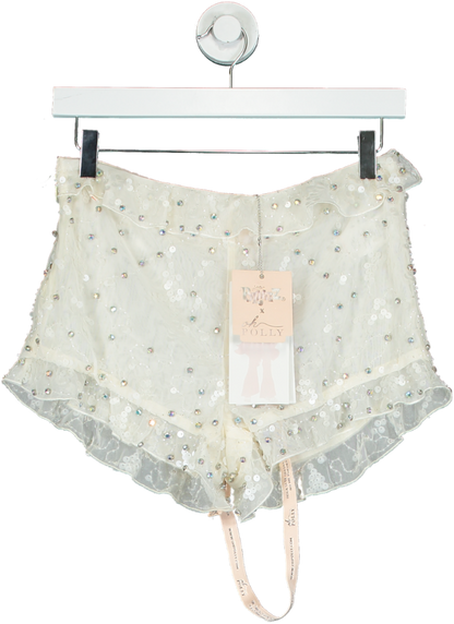 Oh Polly Cream Embellished Mesh Mini Shorts UK 10