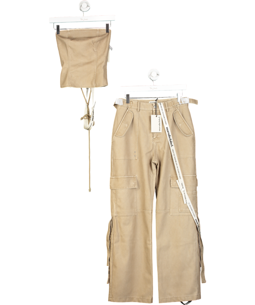 Mars the Label Beige Distress Leather Bandeau Corset And Trousers Set UK 8
