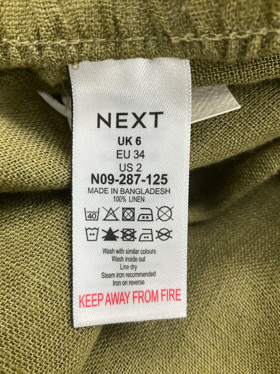 Next Green Linen Pull On Trousers UK 6