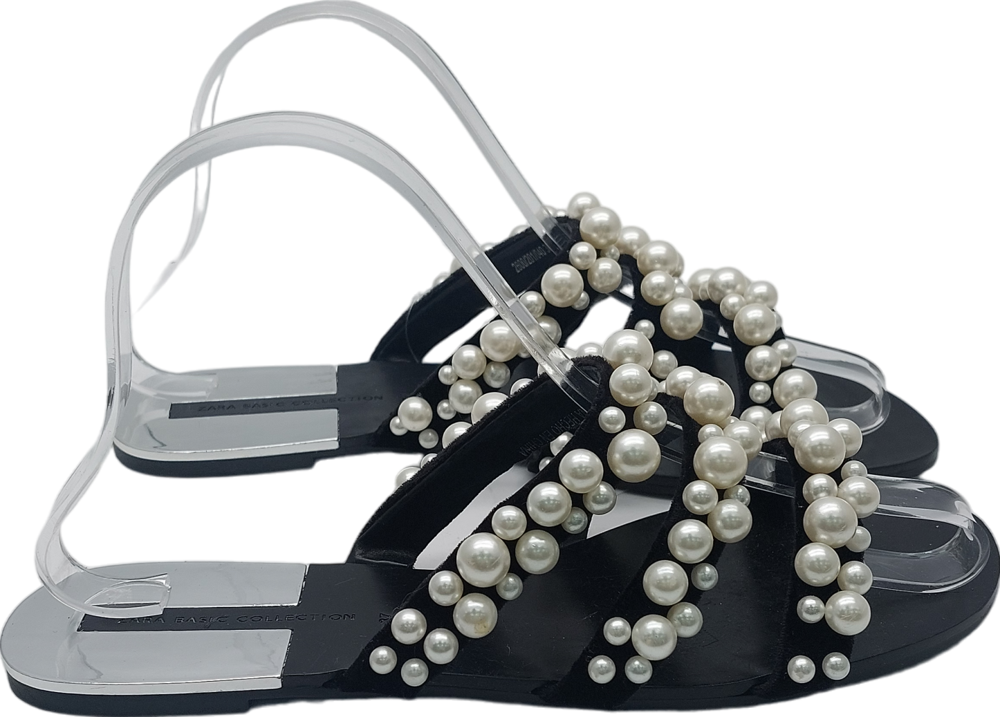 ZARA Black Flat Pearl Sandals UK 4 EU 37 👠