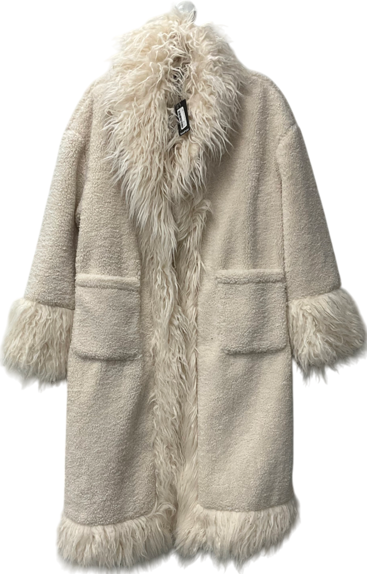 boohoo Cream Oversized Faux Fur Detail Coat UK 14