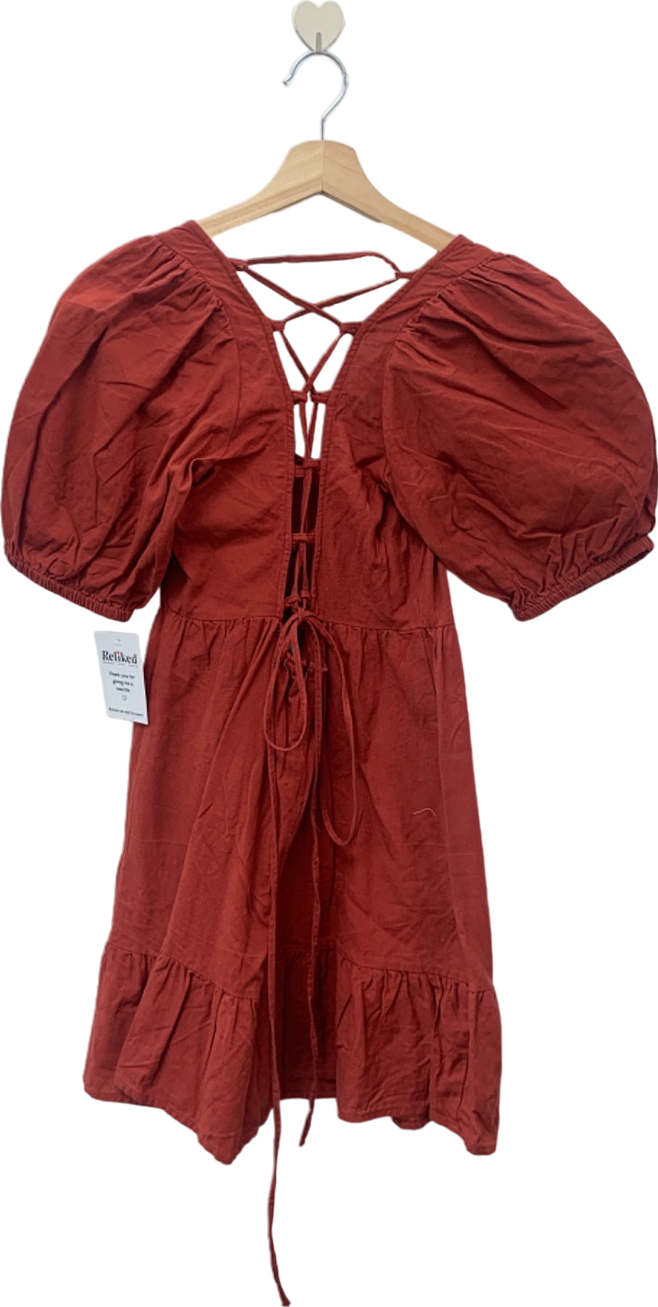 ASOS Rust Puff Sleeve Linen Blend Dress UK 10