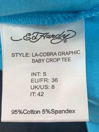 Ed Hardy Blue LA-Cobra Graphic Baby Crop Tee UK S