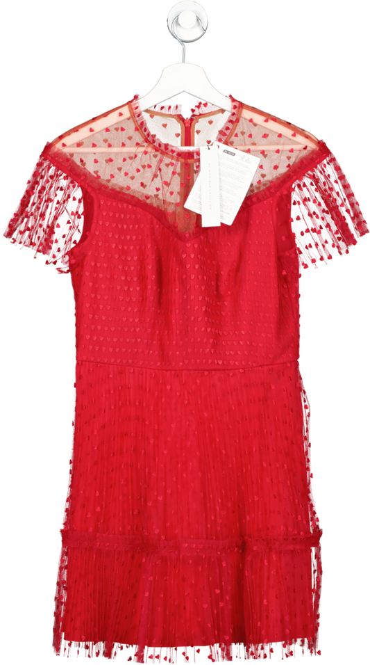 Monique Lhuillier Red heart Embroidered Tulle Mini Dress UK 8/10