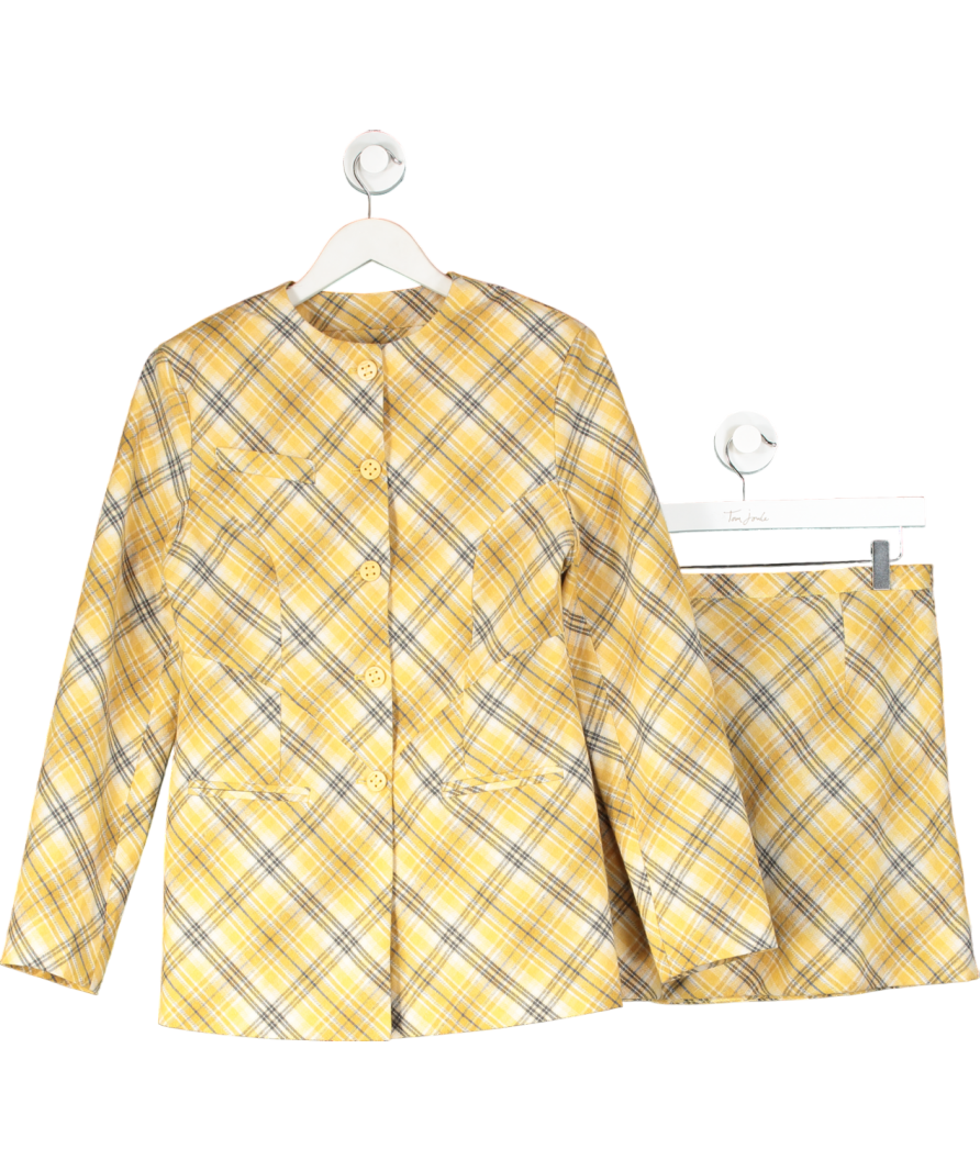 HOUSE OF SUNNY 2-piece Yellow Check Collarless Blazer Jacket & skirt suit UK 8