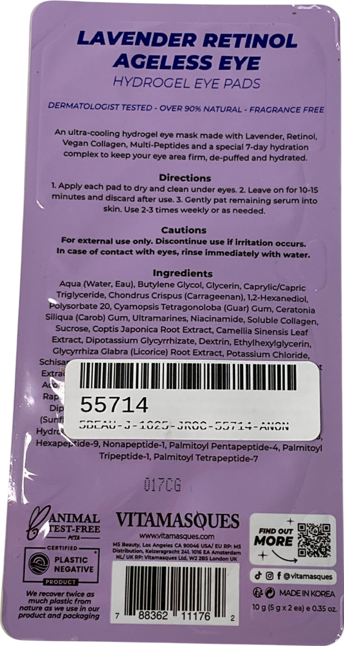 vitamasques Lavender Retinol Ageless Eye Hydrogel Eye Pads 10g