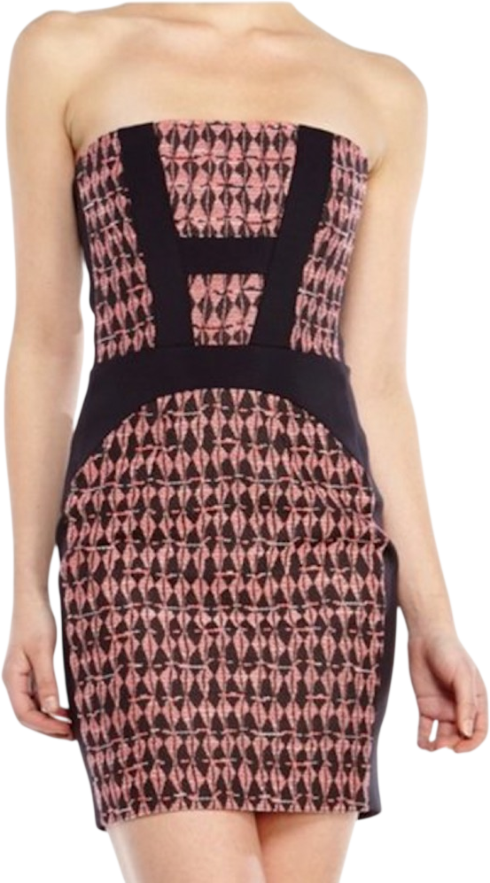 MAJE Black / Pink Tweed Jacquard Bandeau Strapless Bodycon Mini Dress Fr40 UK 12