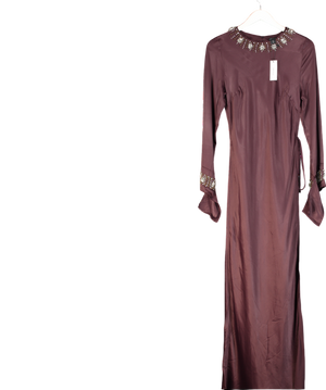 Karen Millen Brown The Founder Crystal Embellished Raw Edge Satin Wrap Maxi Dress UK 10