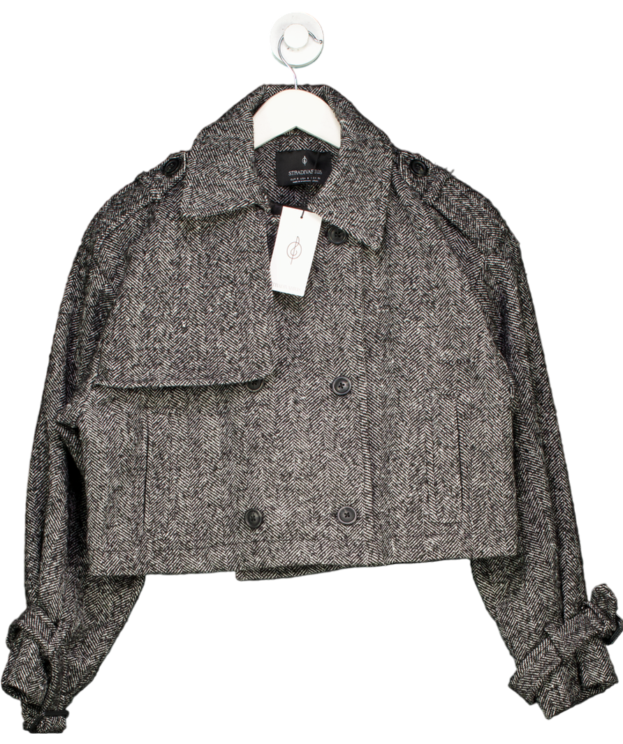 Stradivarius Black Cropped Wool Trench Coat UK S