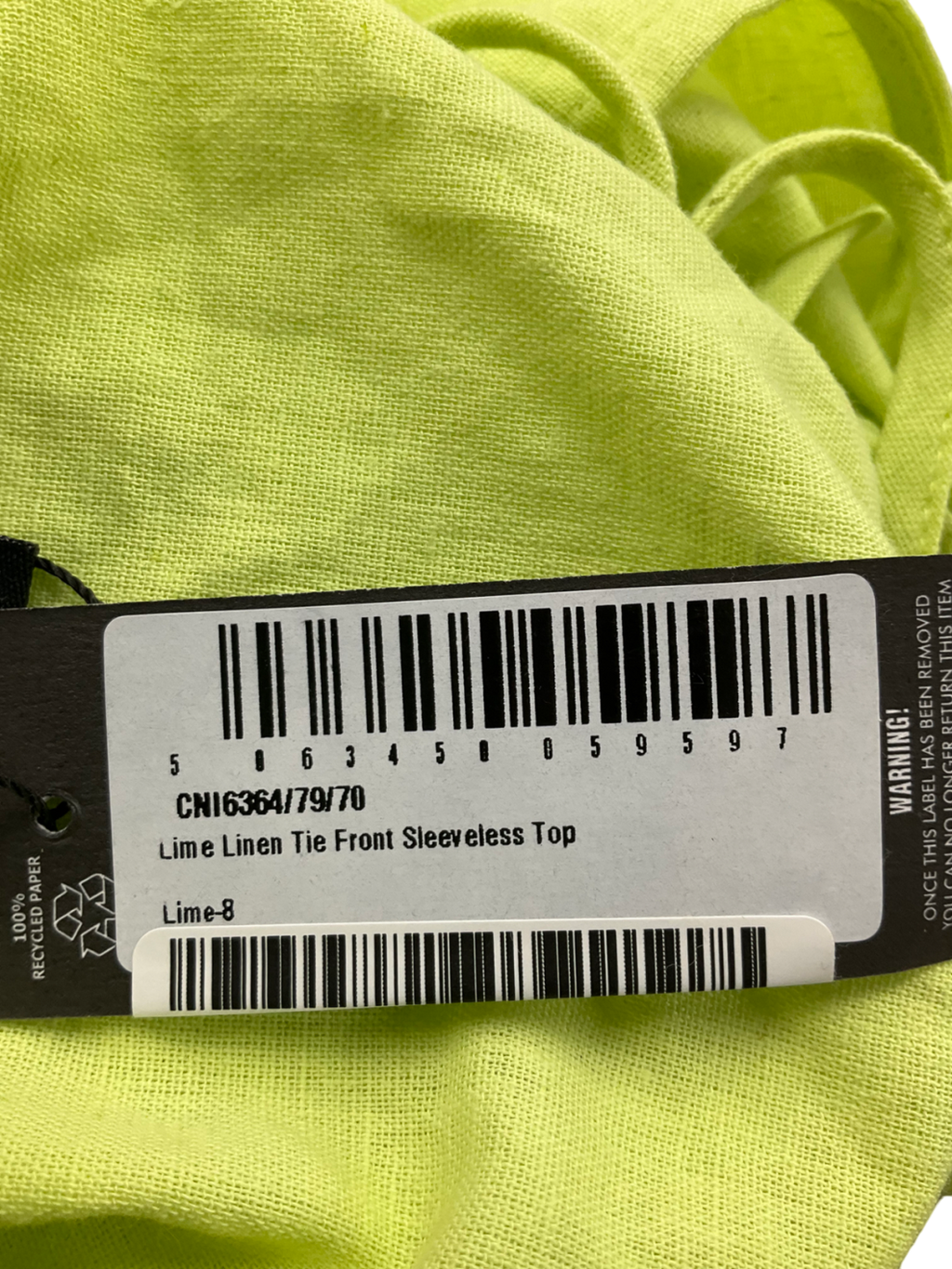 PrettyLittleThing Green Linen Tie Front Sleeveless Top UK 8