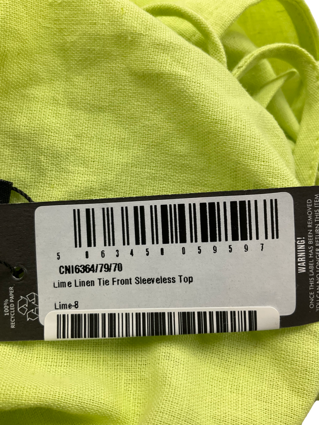 PrettyLittleThing Green Linen Tie Front Sleeveless Top UK 8