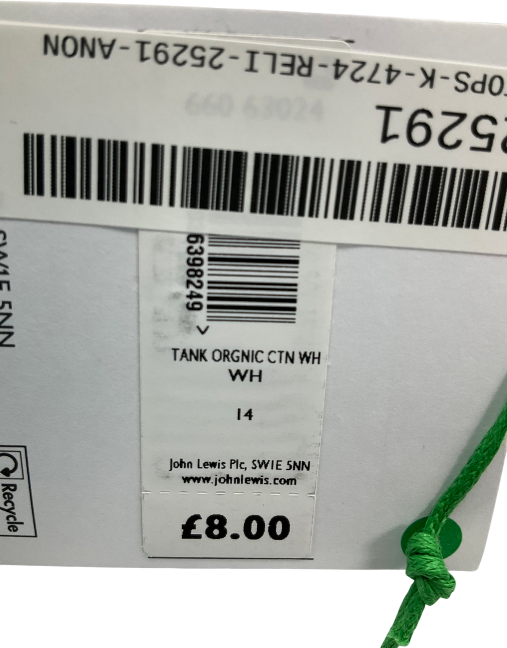 John Lewis White Organic Cotton Tank Top UK 14