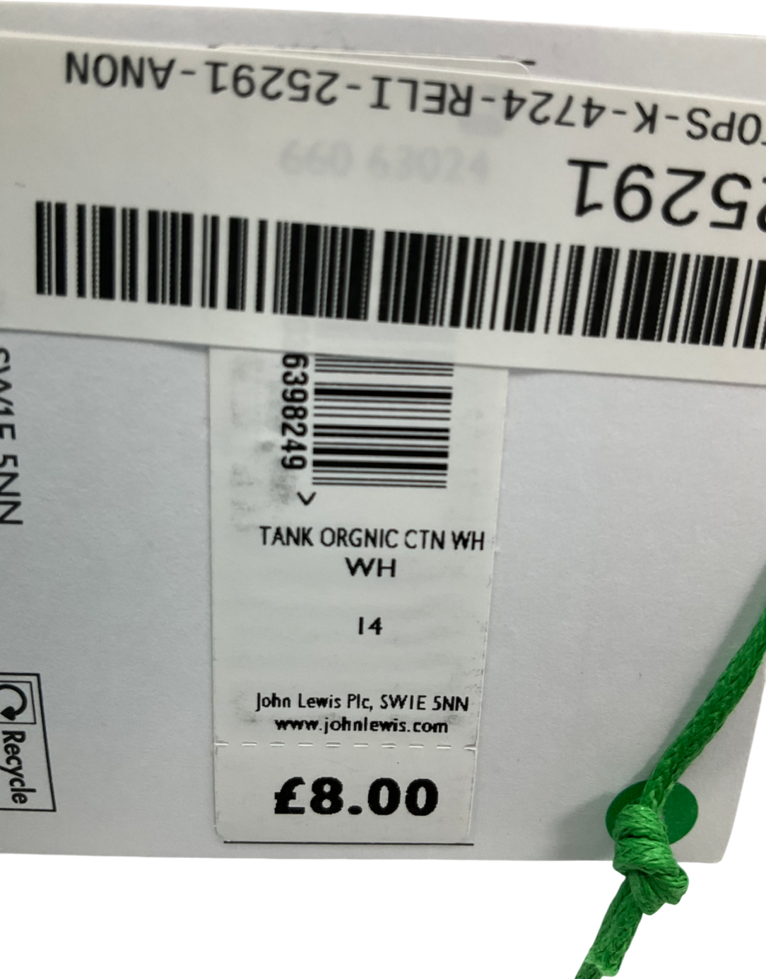 John Lewis White Organic Cotton Tank Top UK 14