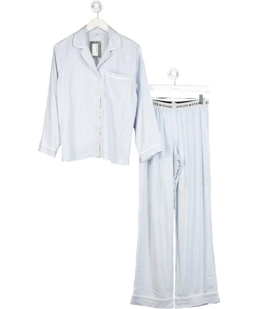 Stripe & Stare Blue Soft Brushed Woven Pyjama Top & Elasticated Trouser Set UK XS
