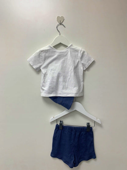 The Little White Company White/Blue 3 Piece Sunshine T-shirt, Shorts, and Hat Set 6-9M