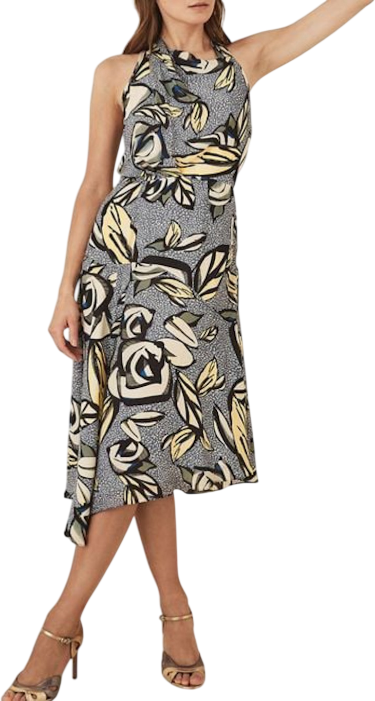 REISS Grey / Blue Rose Floral Printed Midi Dress UK 8