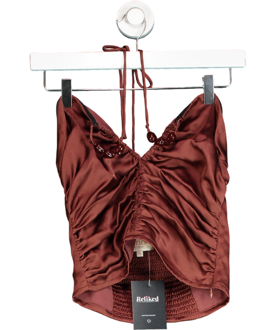 Sezane Brown Pearlena Silk Beaded Top  Cacao UK 8